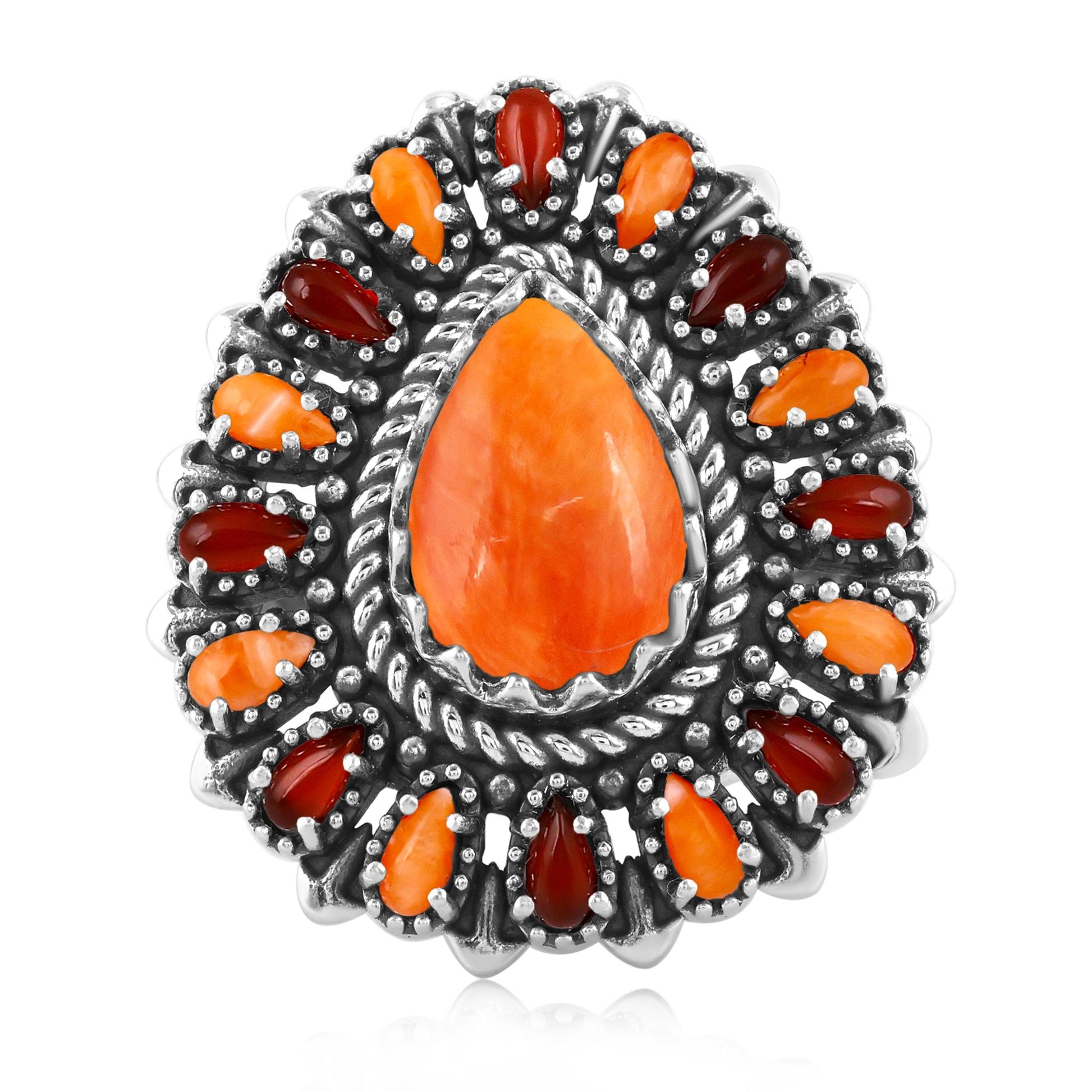 LIMITED EDITION! Sterling Silver Orange Spiny Oyster and Red Onyx Pear-Shaped Cluster Ring