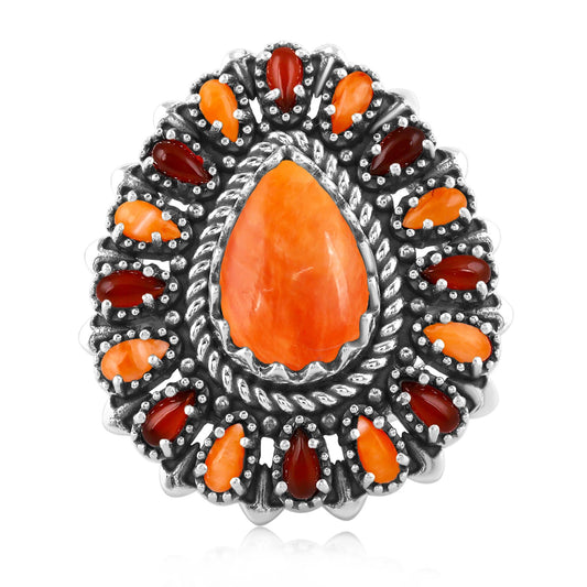 LIMITED EDITION! Sterling Silver Orange Spiny Oyster and Red Onyx Pear-Shaped Cluster Ring