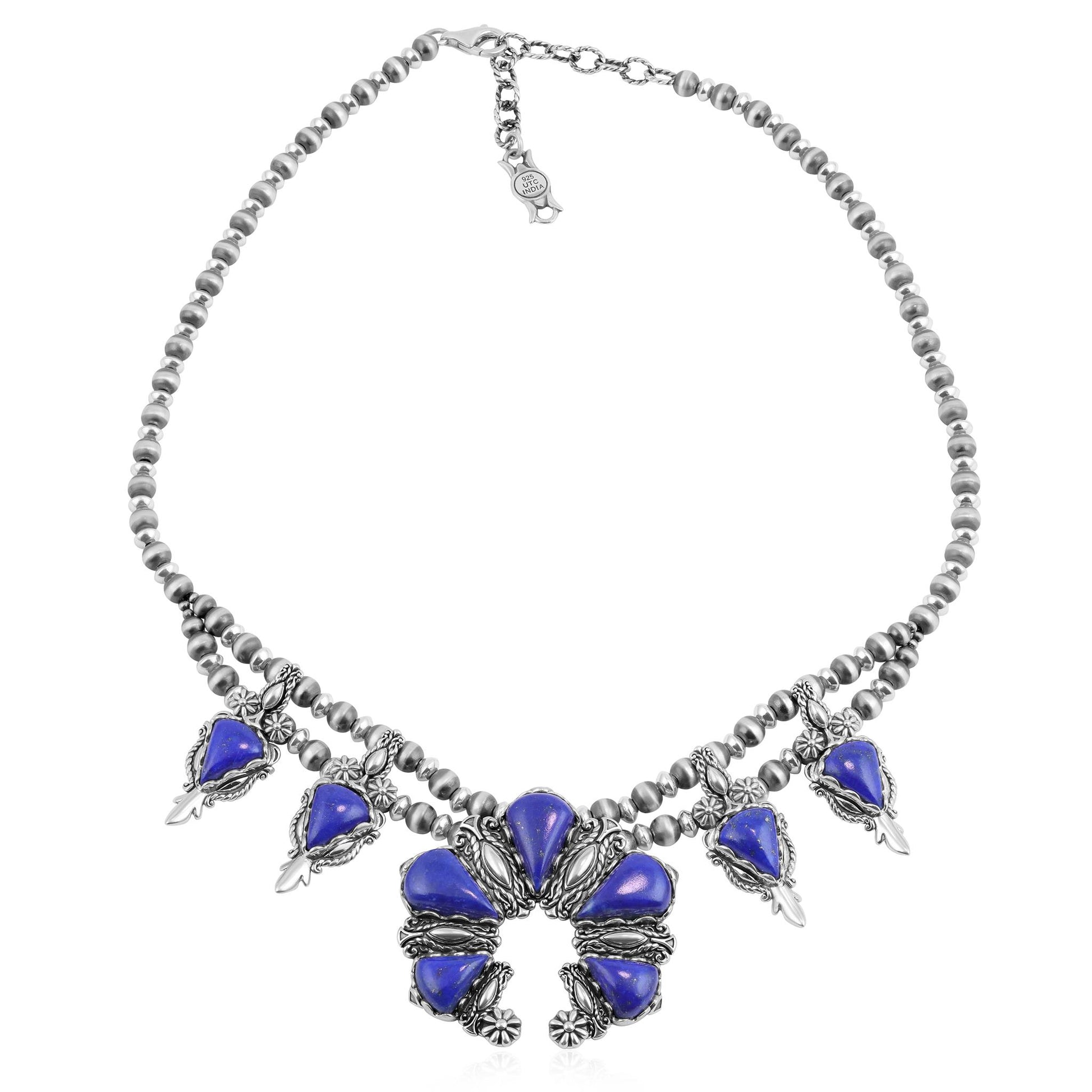 Sterling Silver Lapis Pear Gemstone Squash Blossom Necklace, 17 to 20 Inches