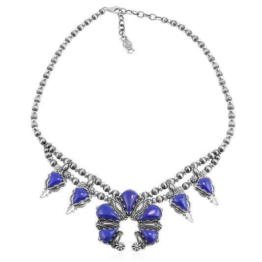 Sterling Silver Lapis Pear Gemstone Squash Blossom Necklace, 17 to 20 Inches