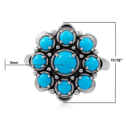 LIMITED EDITION! Sterling Silver Sleeping Beauty Turquoise Round Cut Flower Cluster Ring