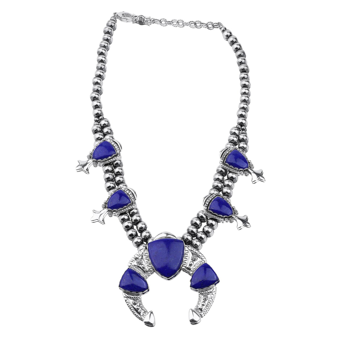 LIMITED EDITION! Sterling Silver Lapis Arrowhead Squash Blossom Statement Necklace