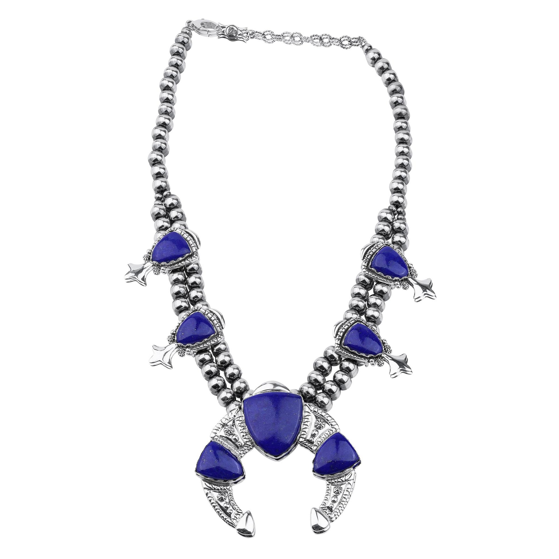 LIMITED EDITION! Sterling Silver Lapis Arrowhead Squash Blossom Statement Necklace