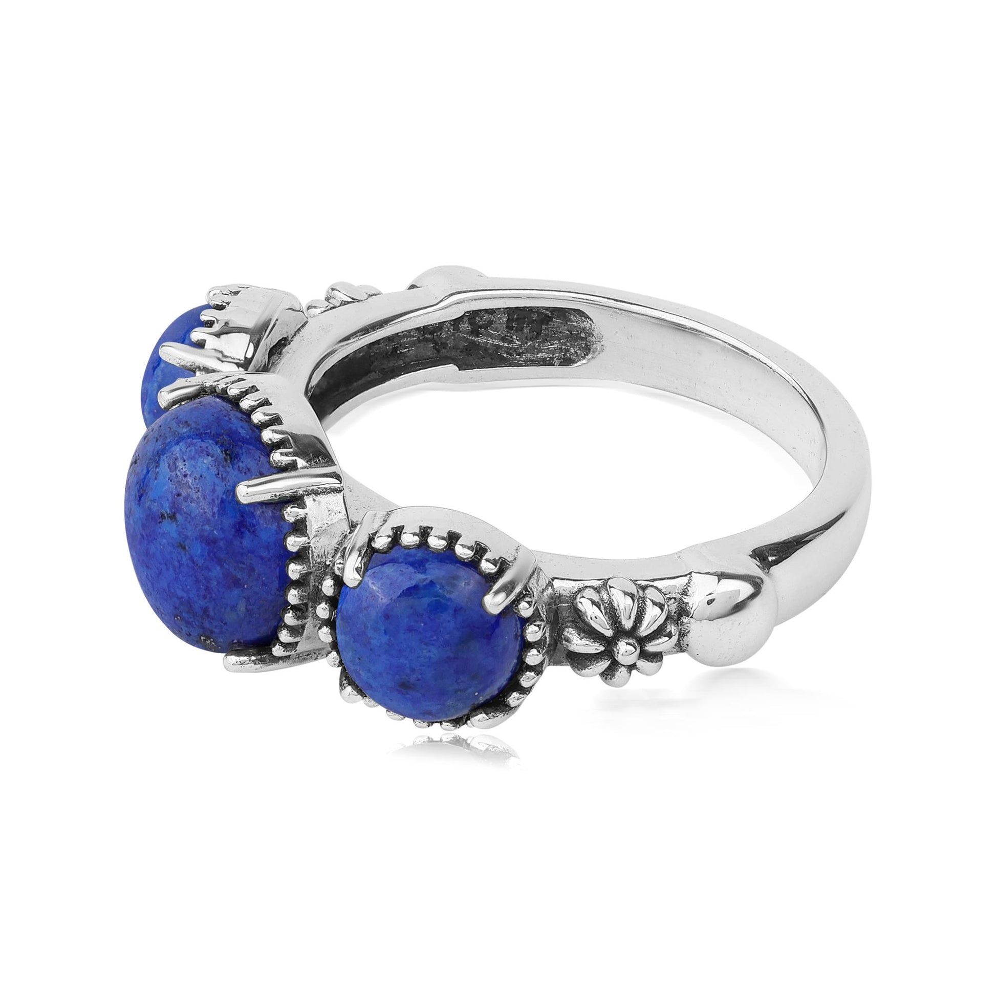 Sterling Silver Lapis Oval 3 Stone Concha and Bead Ring