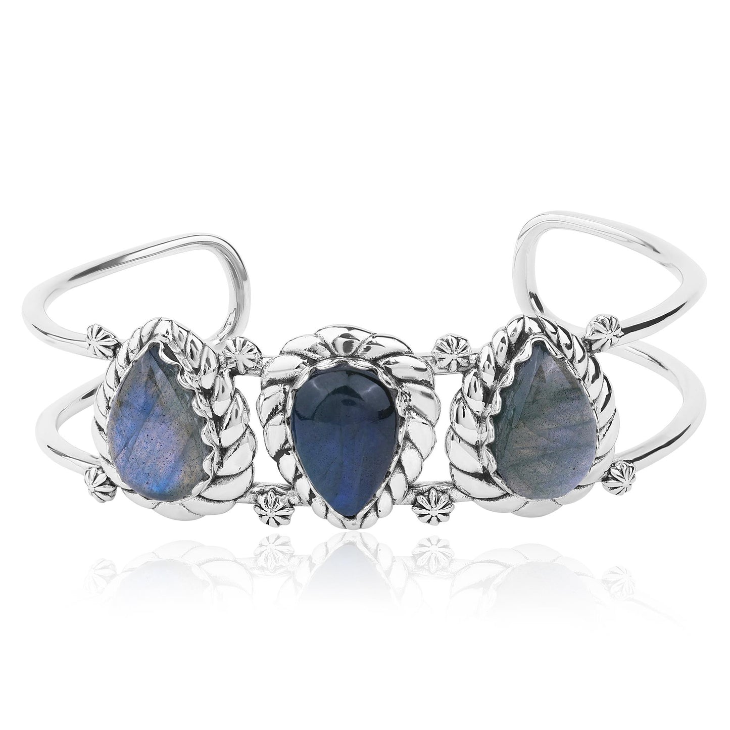 LIMITED EDITION! Sterling Silver Labradorite Pear Cut Rope Design Cuff Bracelet, Sizes Small to Large