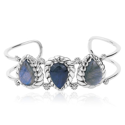 LIMITED EDITION! Sterling Silver Labradorite Pear Cut Rope Design Cuff Bracelet, Sizes Small to Large