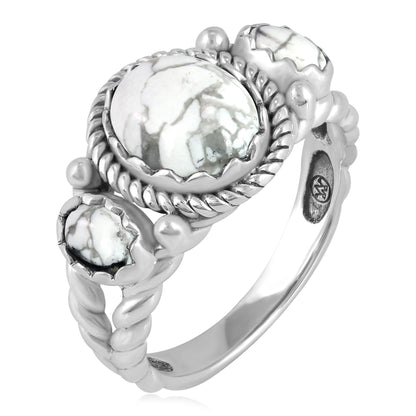 Sterling Silver White Howlite 3-Stone Ring, Sizes 5 to 11