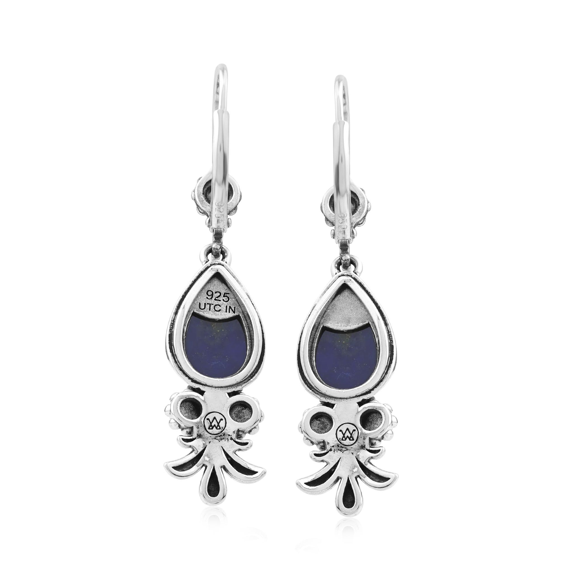 Sterling Silver Lapis Teardrop Concha Squash Blossom Dangle Earrings
