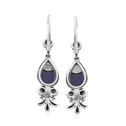 Sterling Silver Lapis Teardrop Concha Squash Blossom Dangle Earrings