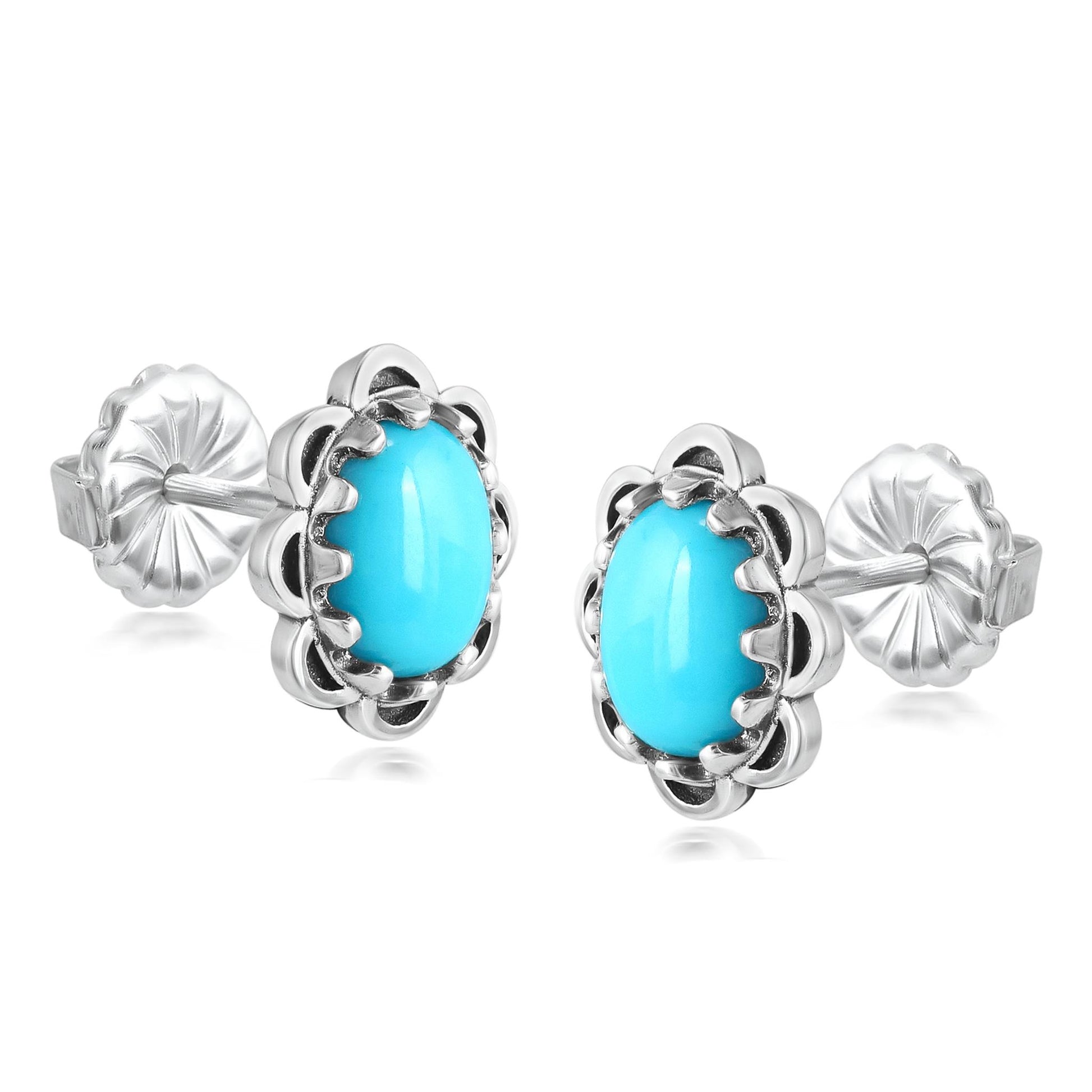 Sterling Silver Sleeping Beauty Turquoise Concha Flower Stud Earrings