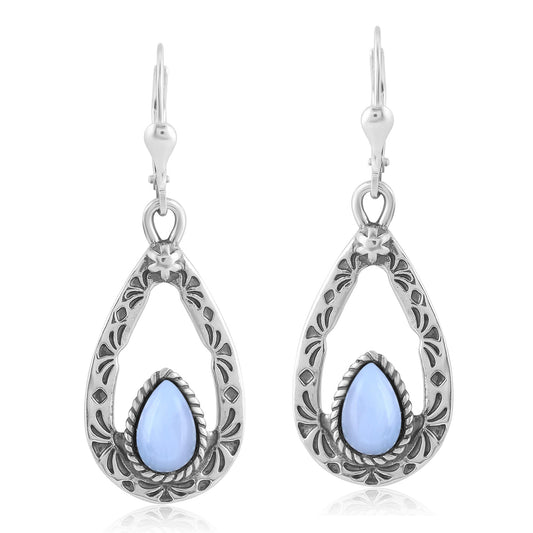 Sterling Silver Blue Lace Agate Open Teardrop Dangle Earrings