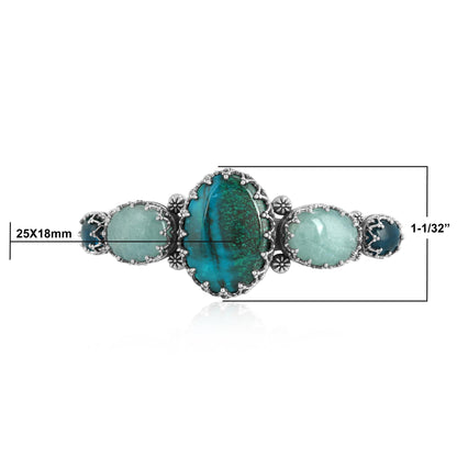 Sterling Silver Chrysocolla, Milky Aquamarine and Apatite Crown Detail Cuff Bracelet