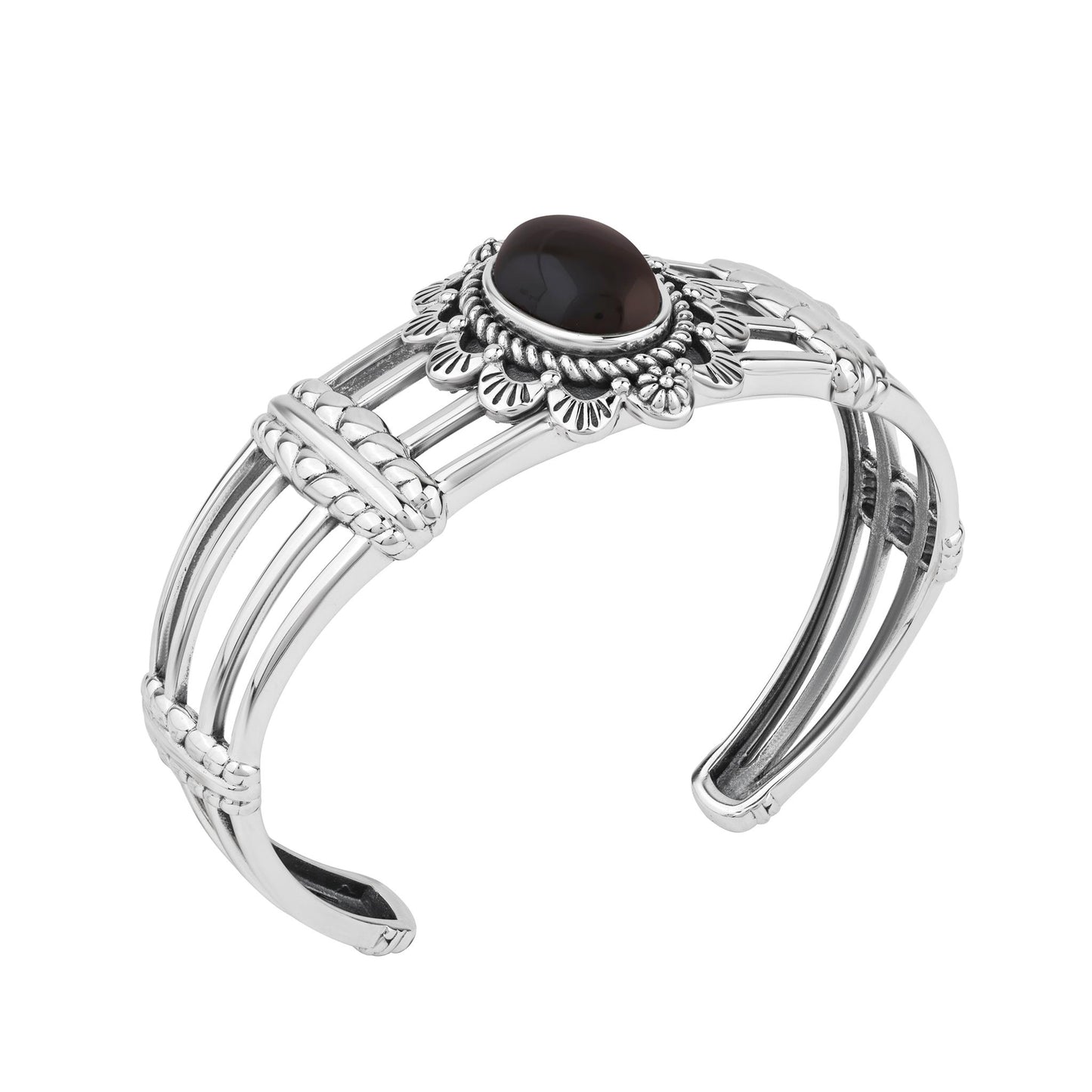  Sterling Silver Black Onyx Oval Scallop Open Cuff Bracelet