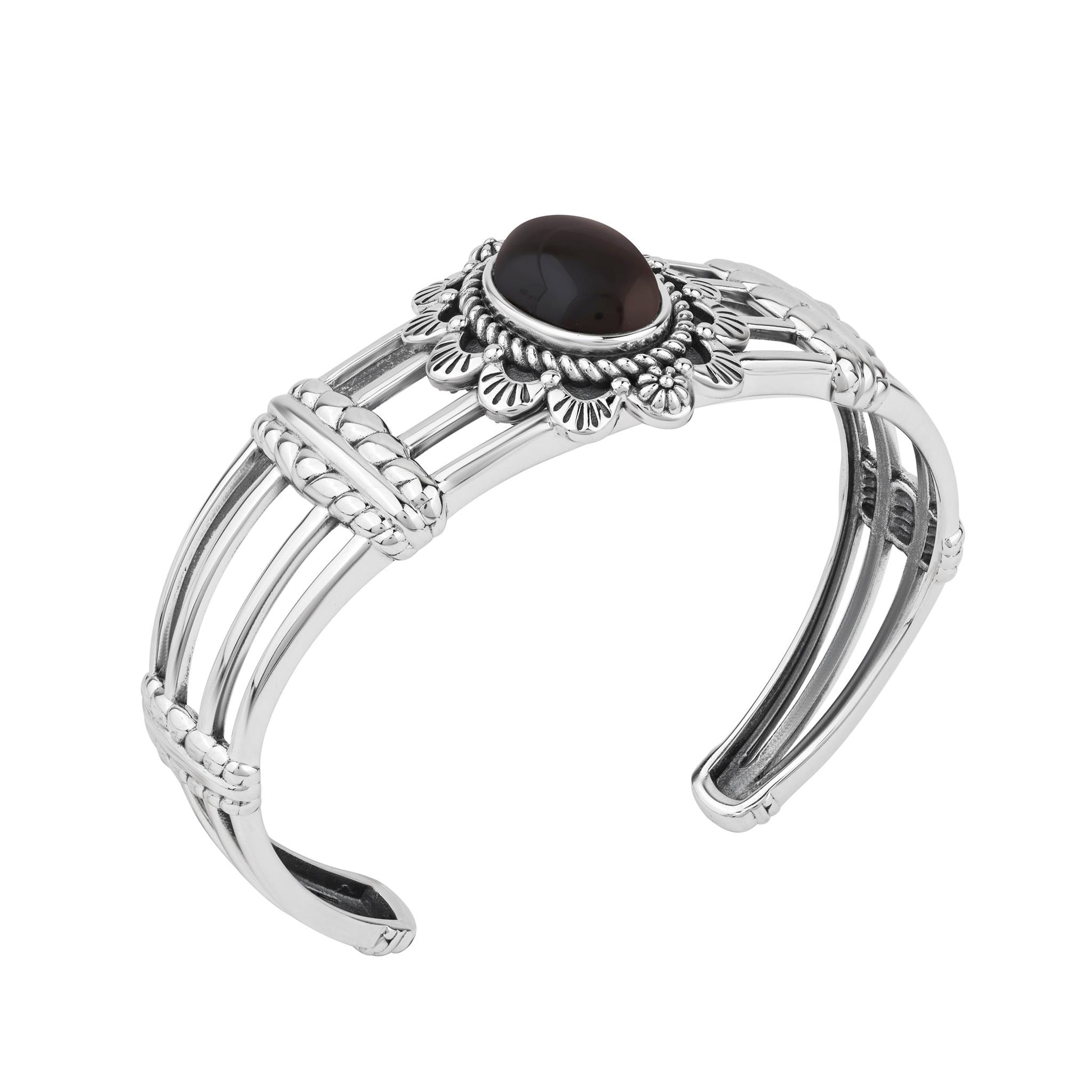  Sterling Silver Black Onyx Oval Scallop Open Cuff Bracelet