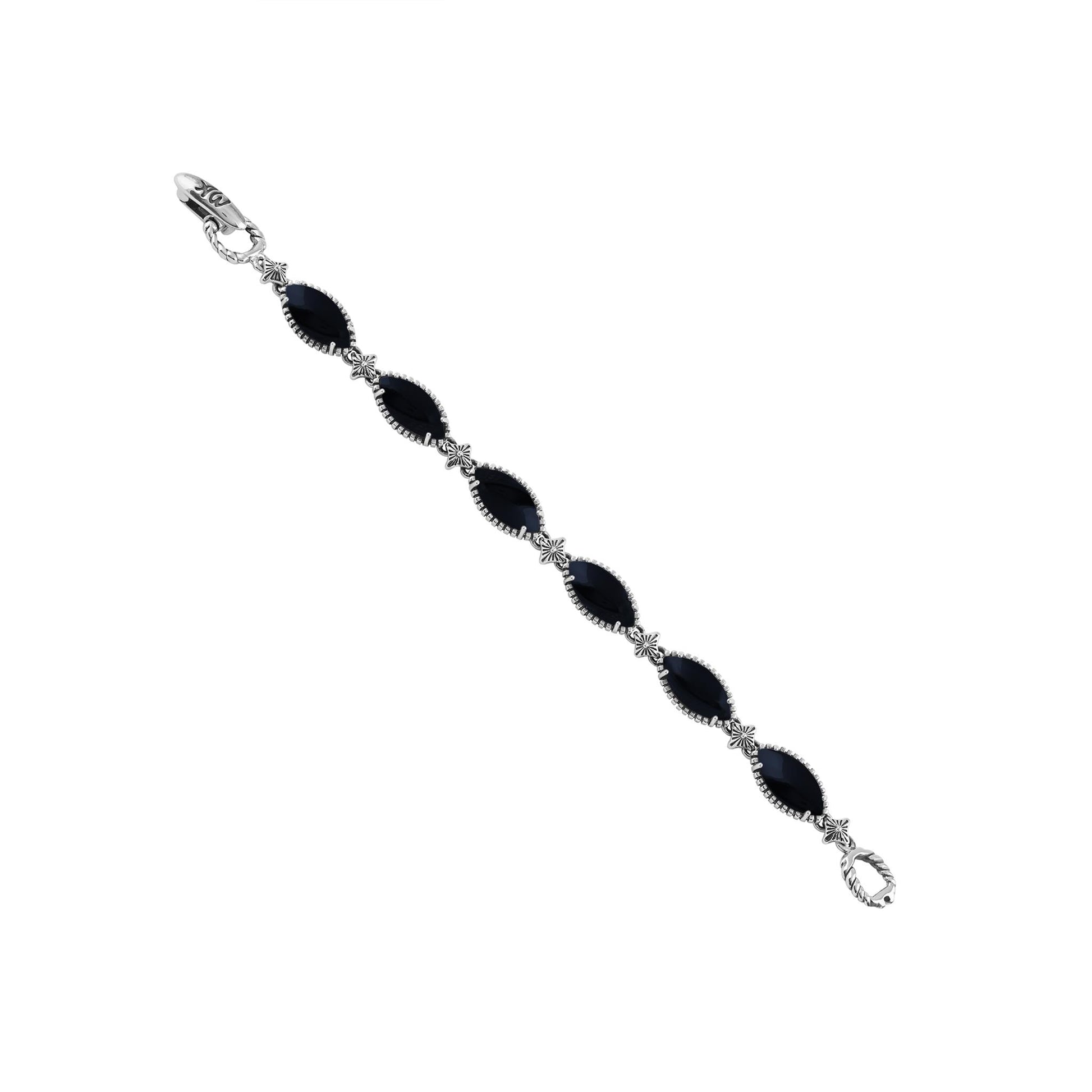  Sterling Silver Black Onyx Marquise Cut Link Bracelet