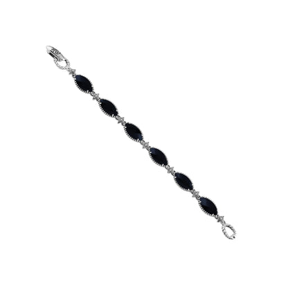  Sterling Silver Black Onyx Marquise Cut Link Bracelet