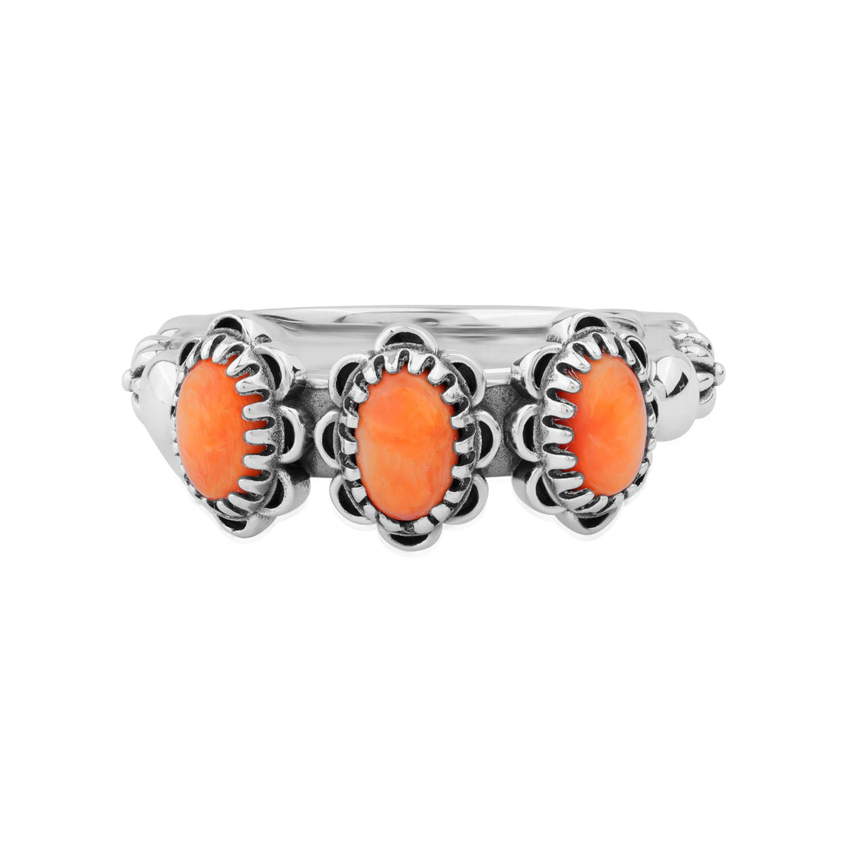 Sterling Silver Orange Spiny Oyster Concha 3 Stone Ring, Sizes 5 to 11