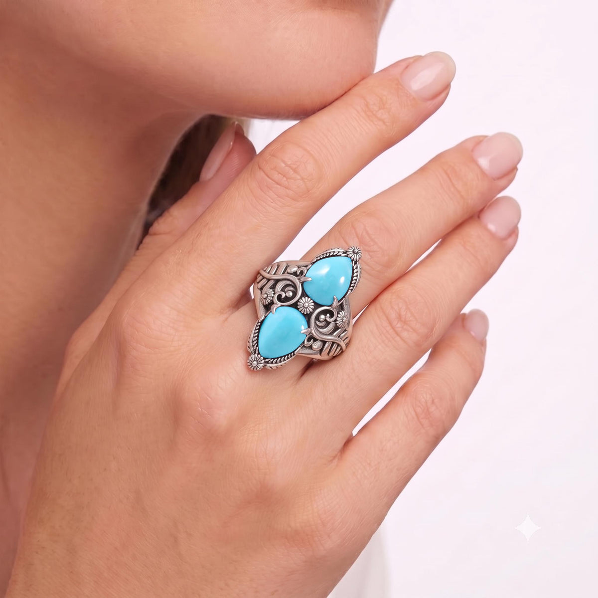 Sterling Silver Kingman Turquoise Double-Pear Ring, Sizes 5 to 11