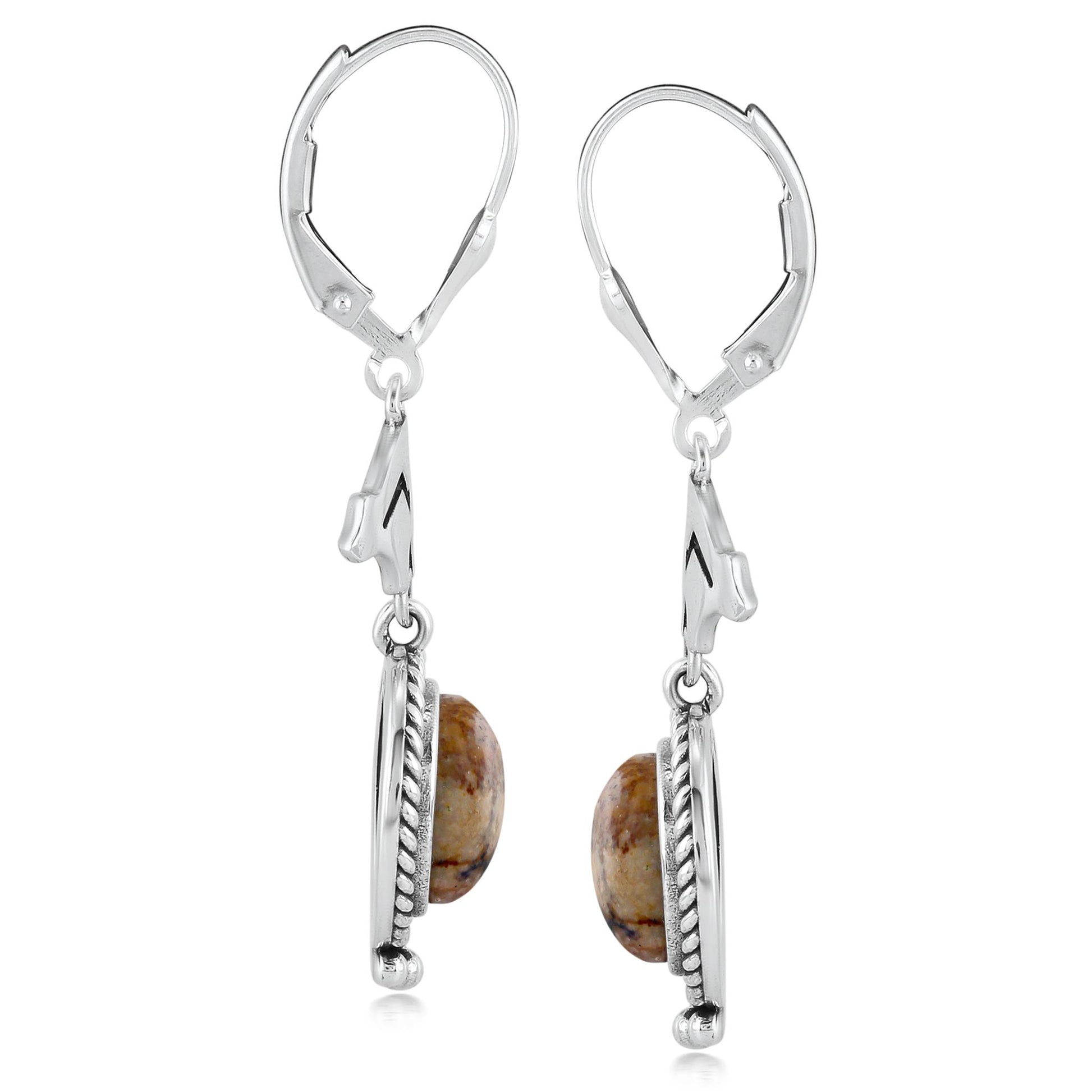 Sterling Silver Picture Jasper Bear Design Drop and Dangle Earrings