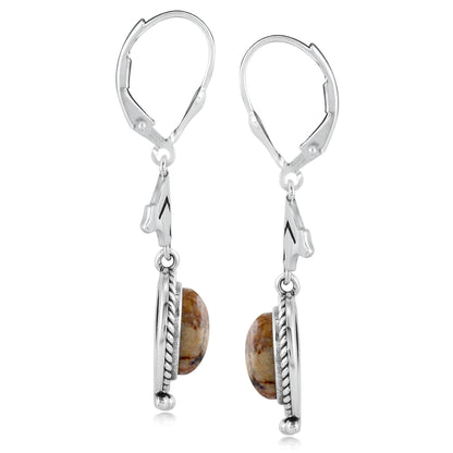 Sterling Silver Picture Jasper Bear Design Drop and Dangle Earrings