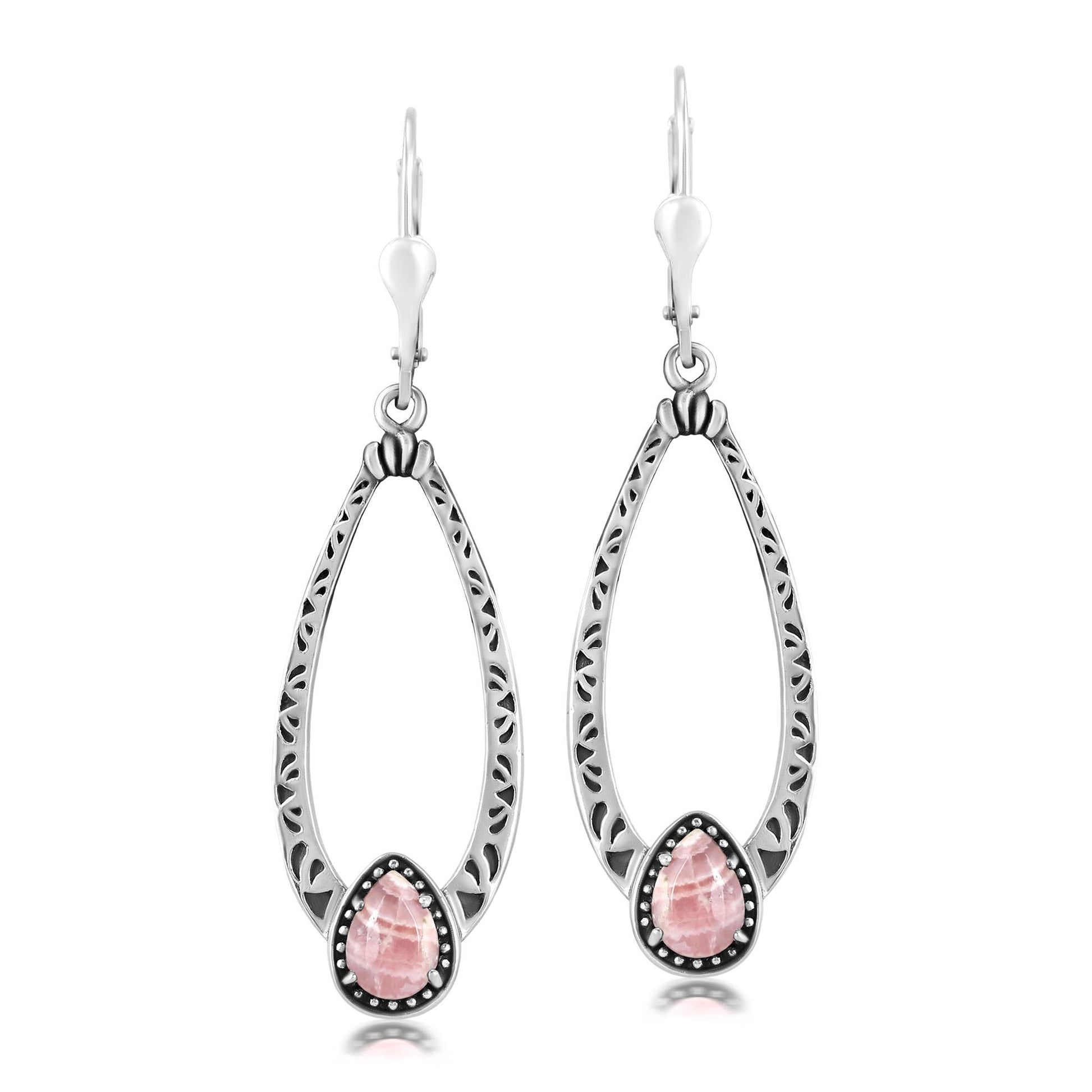 Sterling Silver Rhodochrosite Pear-Cut Long Oval Lever Back Dangle Earrings