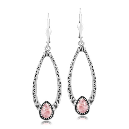 Sterling Silver Rhodochrosite Pear-Cut Long Oval Lever Back Dangle Earrings