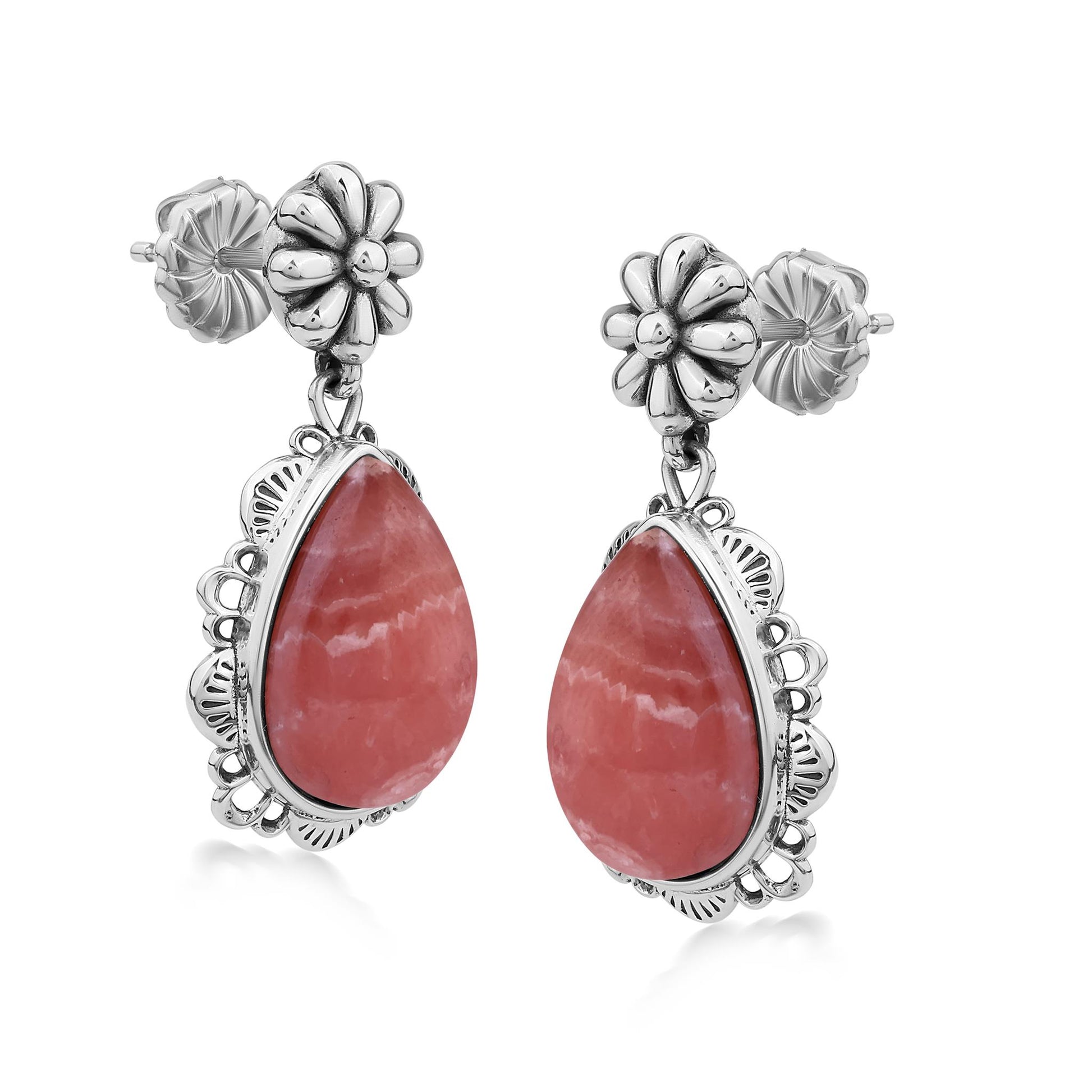  Sterling Silver Rhodochrosite Pear-Cut Concha Dangle Earrings