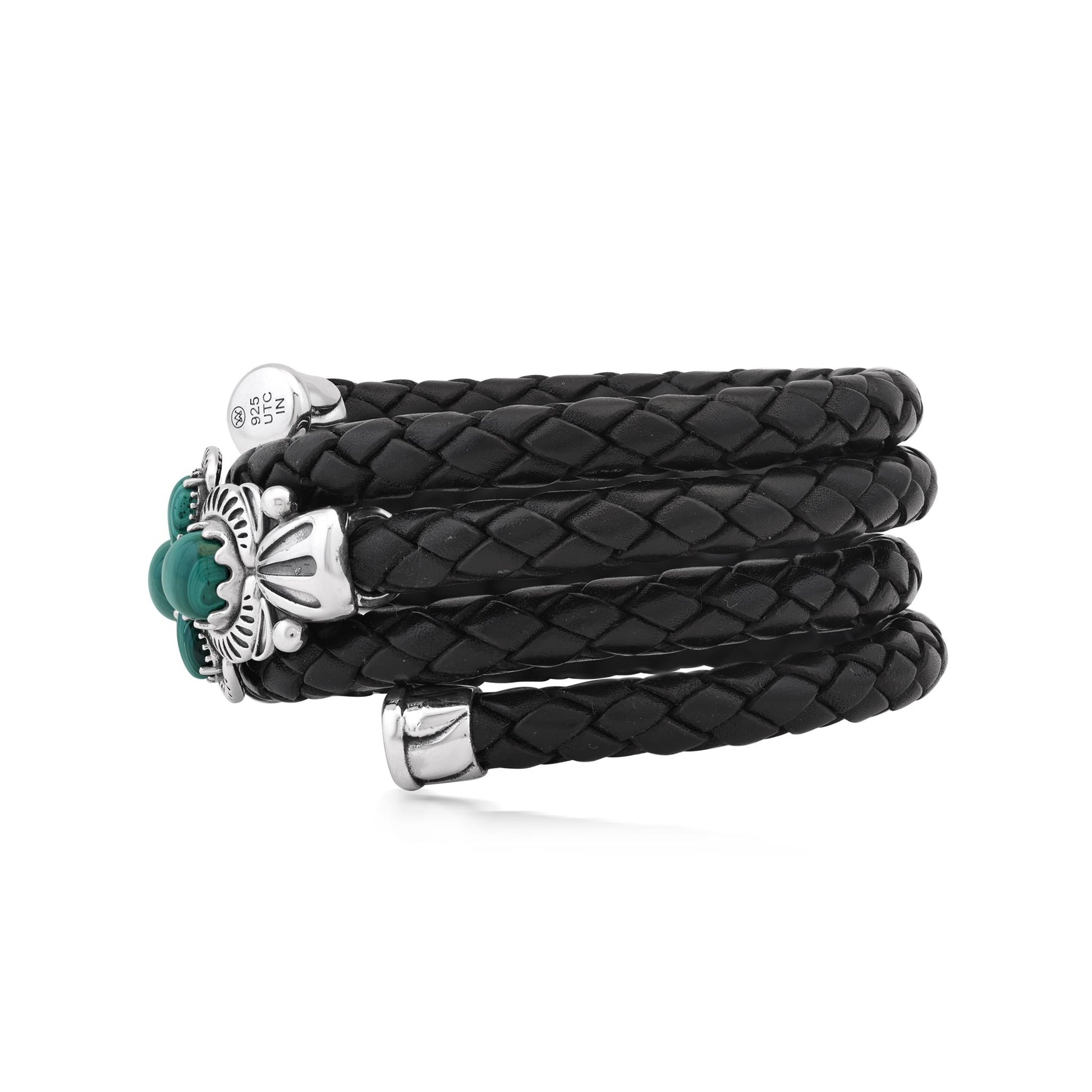  Sterling Silver Malachite Pear Cluster Black Leather Wrap Bracelet 