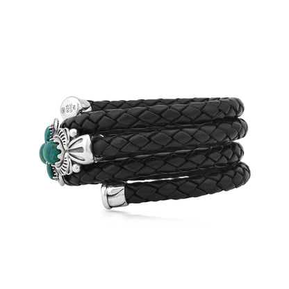  Sterling Silver Malachite Pear Cluster Black Leather Wrap Bracelet 