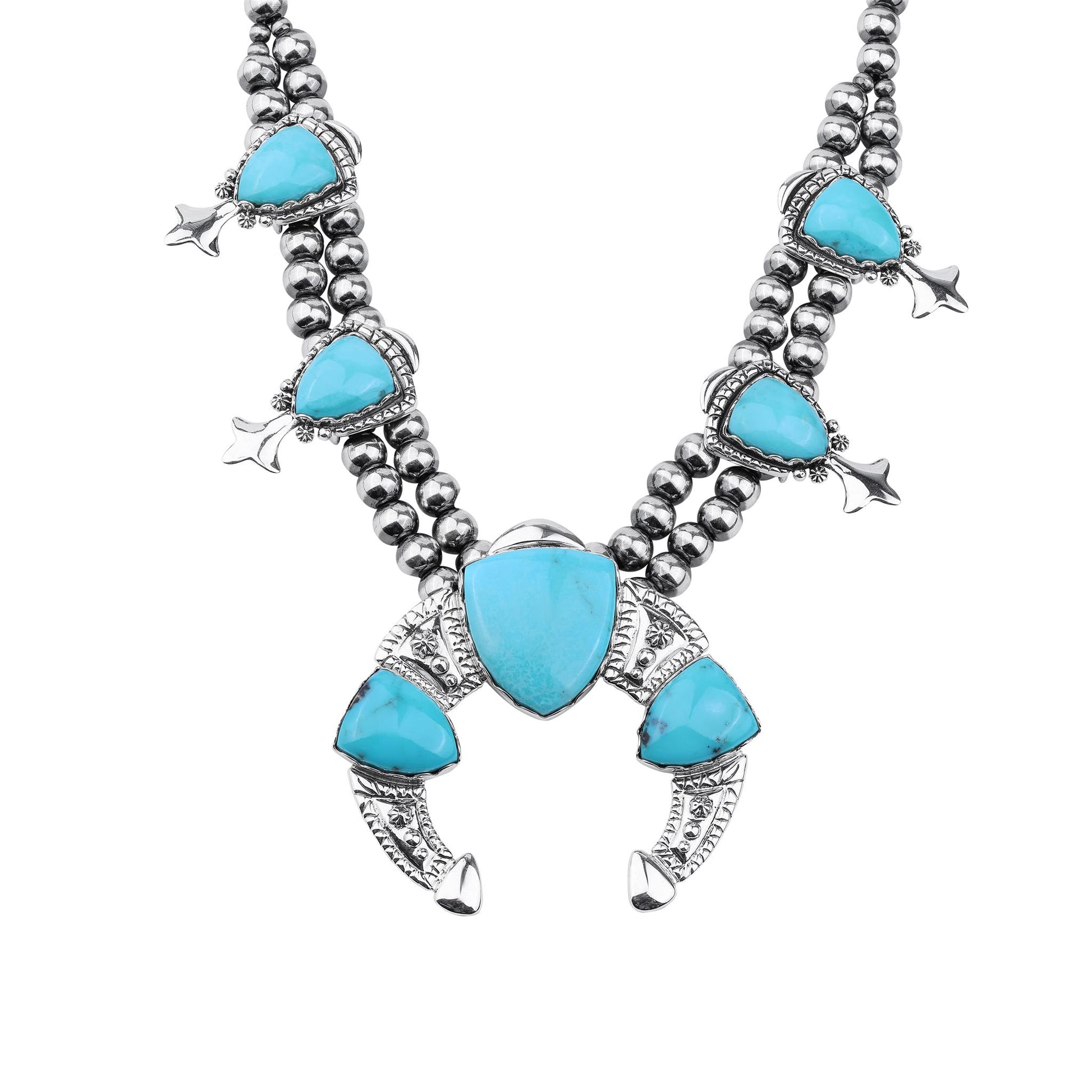 LIMITED EDITION! Sterling Silver Kingman Turquoise Arrowhead Squash Blossom Statement Necklace