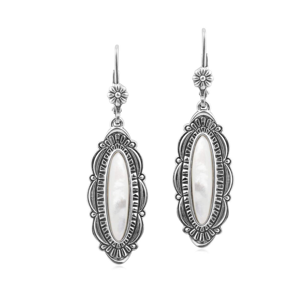 Sterling Silver White Mother of Pearl Elongated Oval Textured Lever Back Earrings 