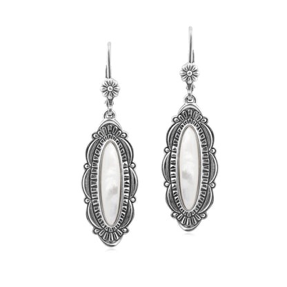 Sterling Silver White Mother of Pearl Elongated Oval Textured Lever Back Earrings 