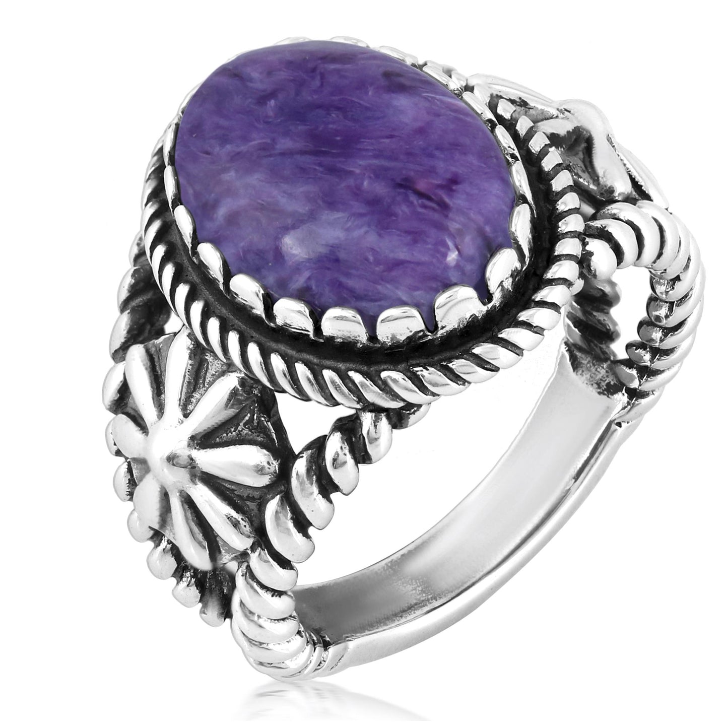 EXCLUSIVELY OURS! Sterling Silver Charoite Concha Flower Ring, Sizes 5 to 10