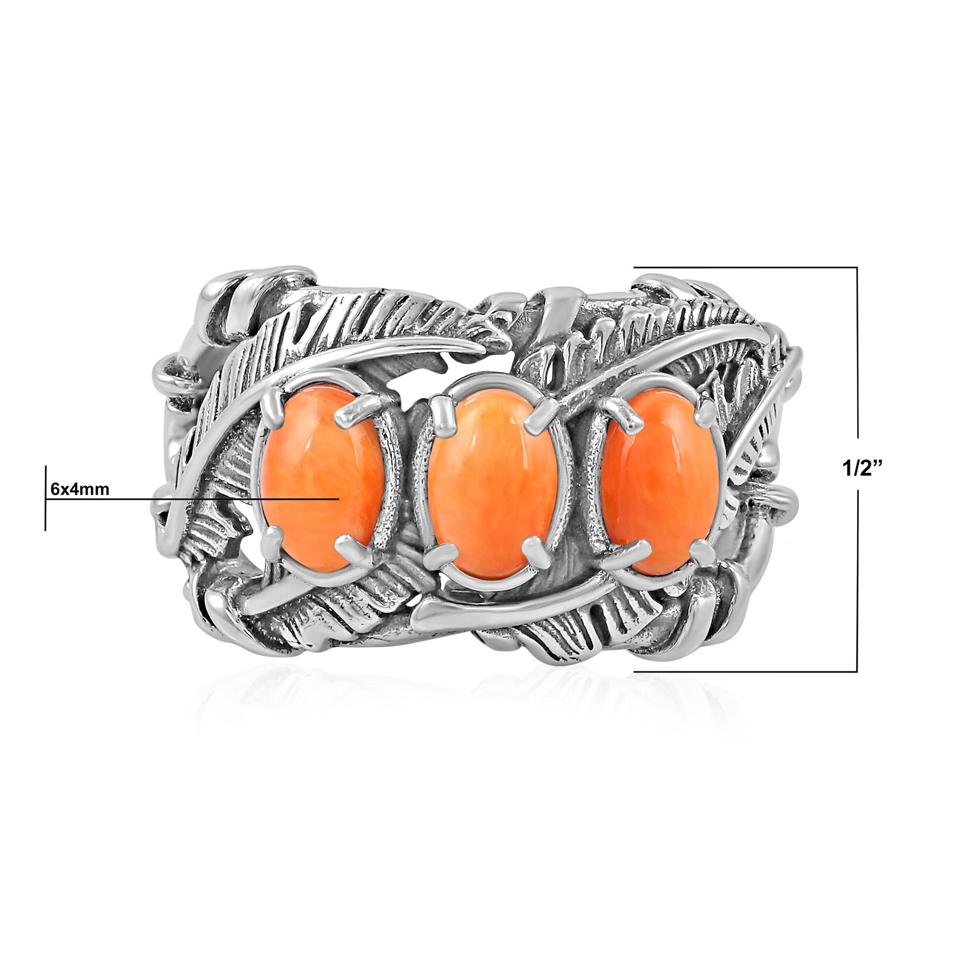 Sterling Silver Orange Spiny Oyster Three Stone Feather Ring