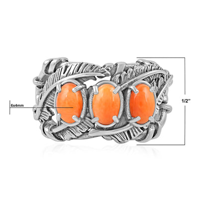 Sterling Silver Orange Spiny Oyster Three Stone Feather Ring
