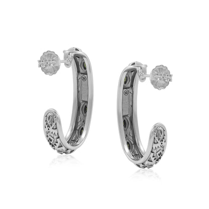 Sterling Silver Green Serpentine Patterned J-Hoop 1 Inch Earrings 