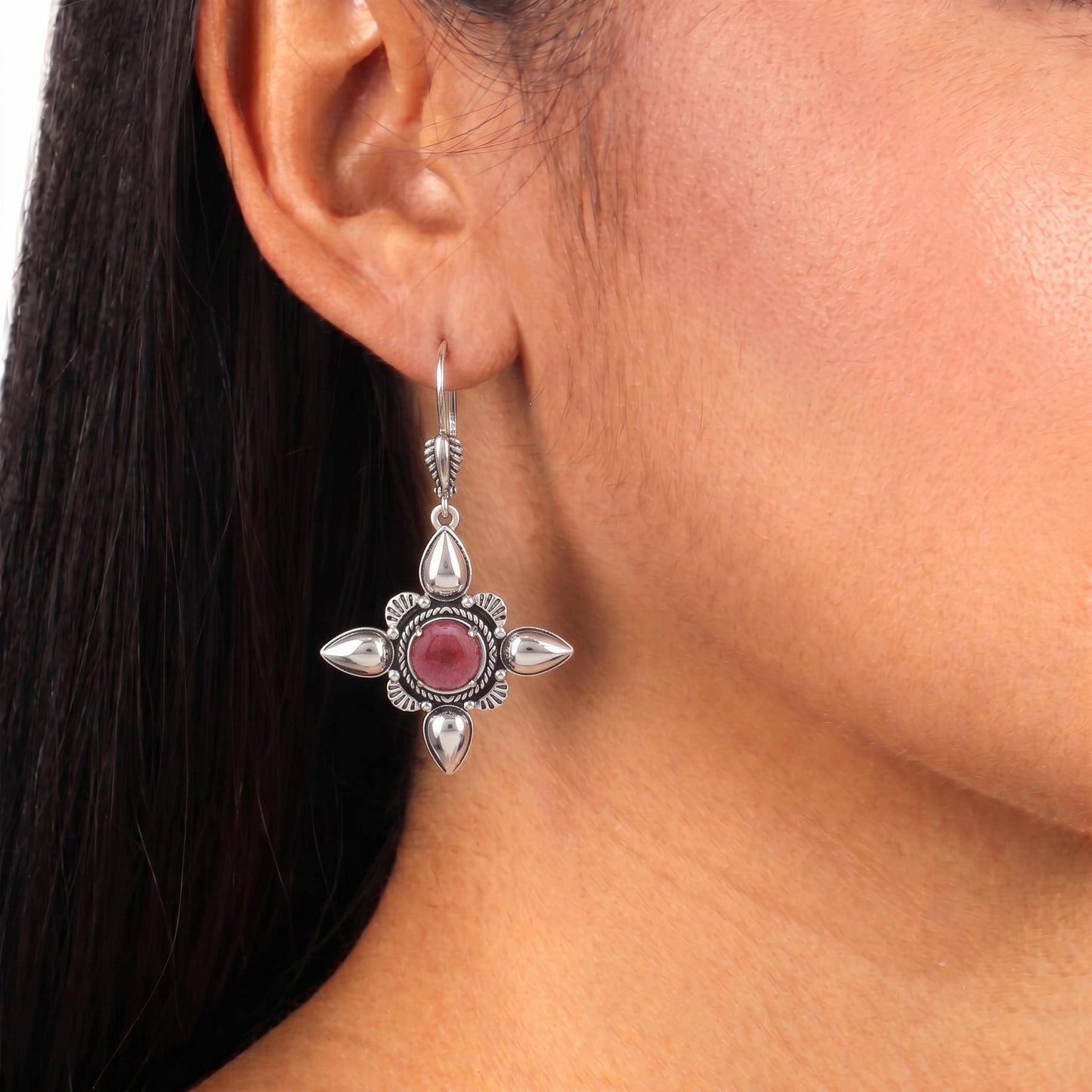 Sterling Silver Rhodonite Compass Star Lever Back Earrings