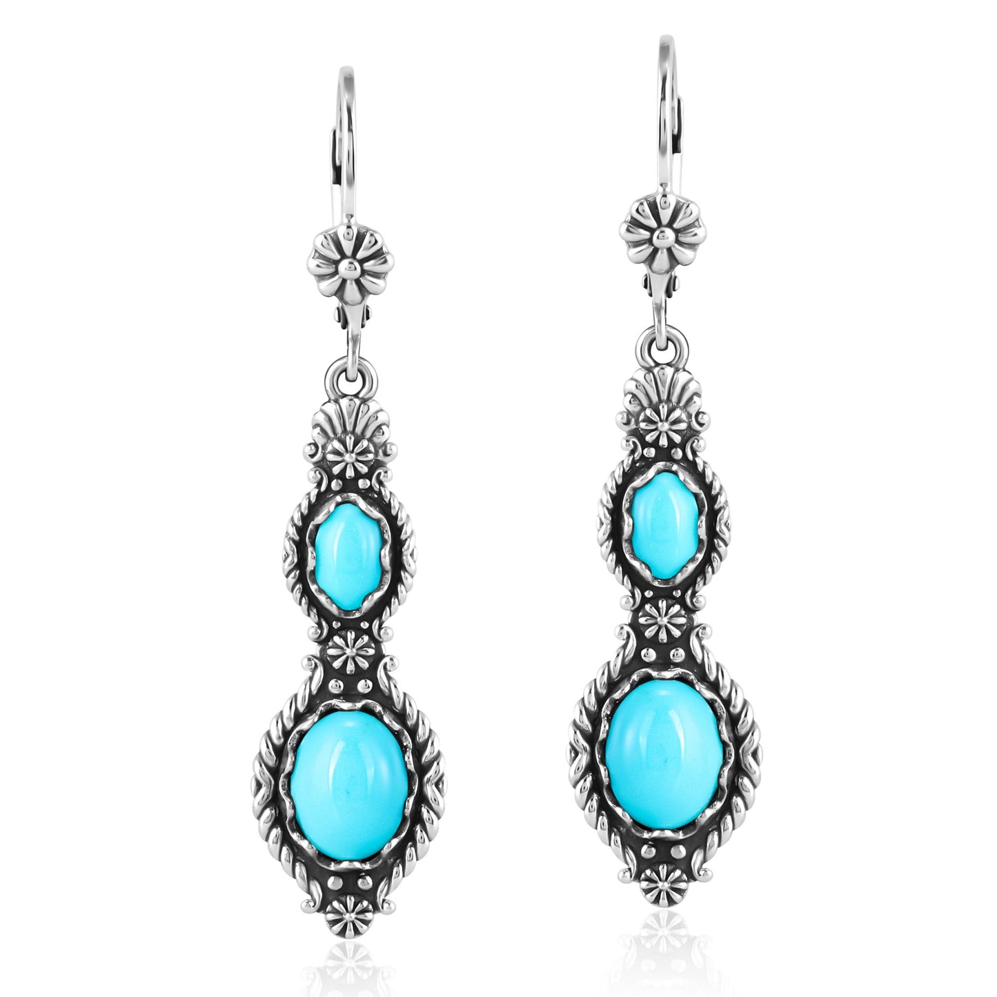 Sterling Silver Sleeping Beauty Turquoise Oval Cut Dangle Earrings