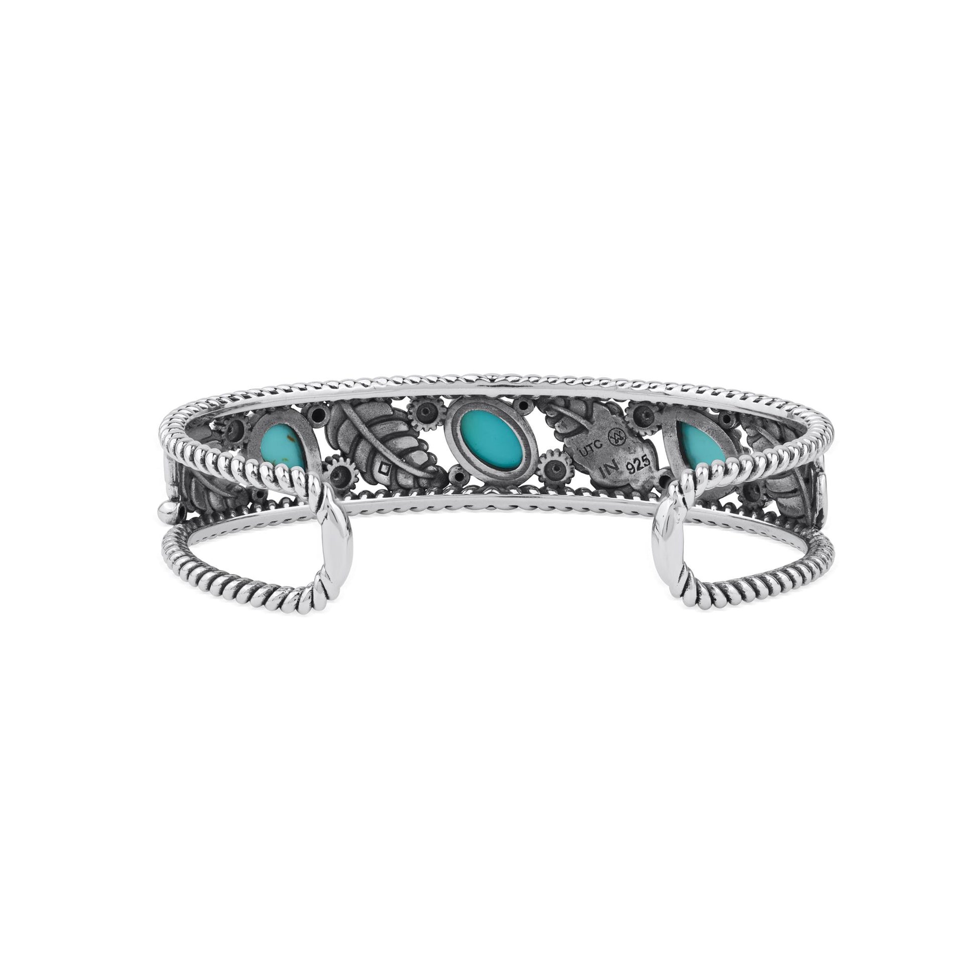  Sterling Silver Sleeping Beauty Turquoise Oval and Pear Leaf Cuff Bracelet