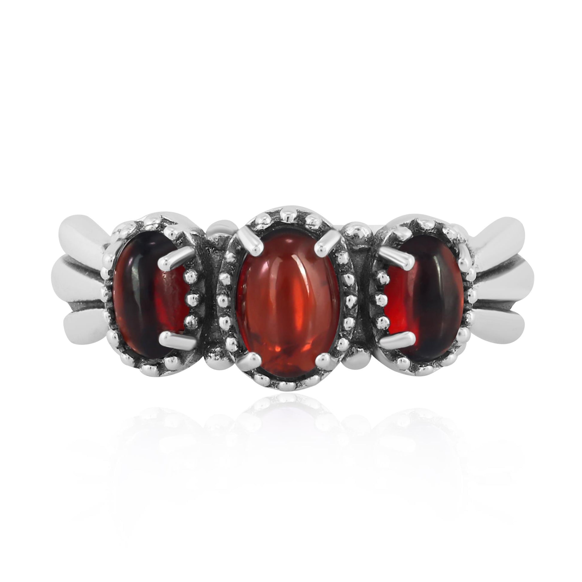 Sterling Silver Garnet 3-Stone Fan Ring