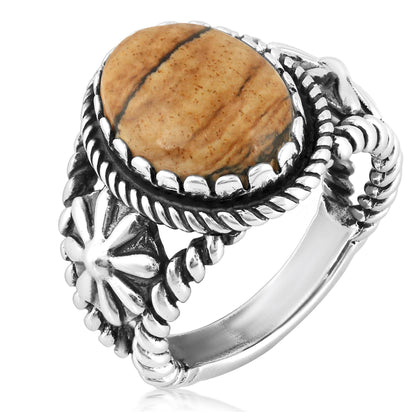 Sterling Silver Picture Jasper Concha Flower Design Ring, Sizes 5 to 10