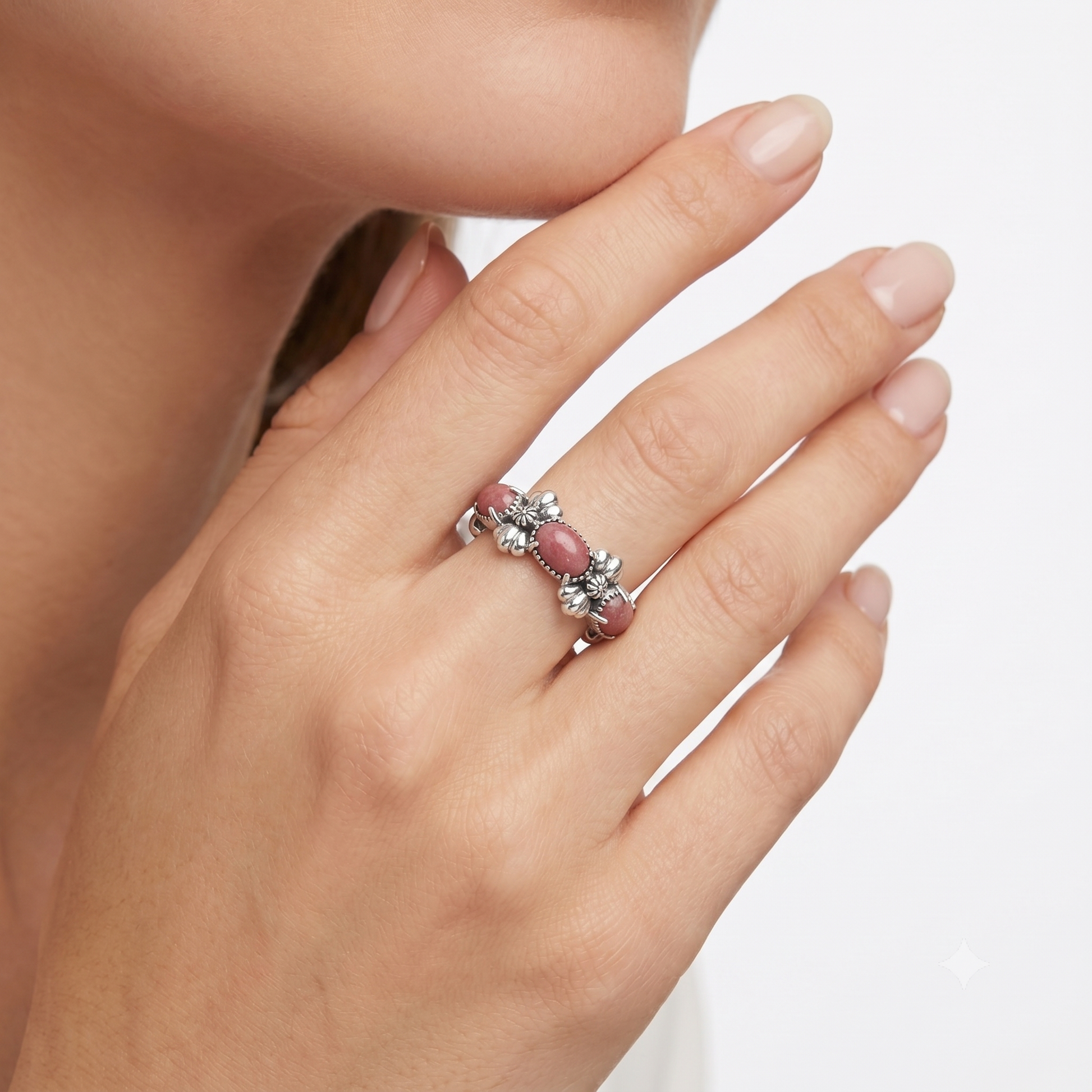 Sterling Silver Rhodonite Oval Concha Band Ring