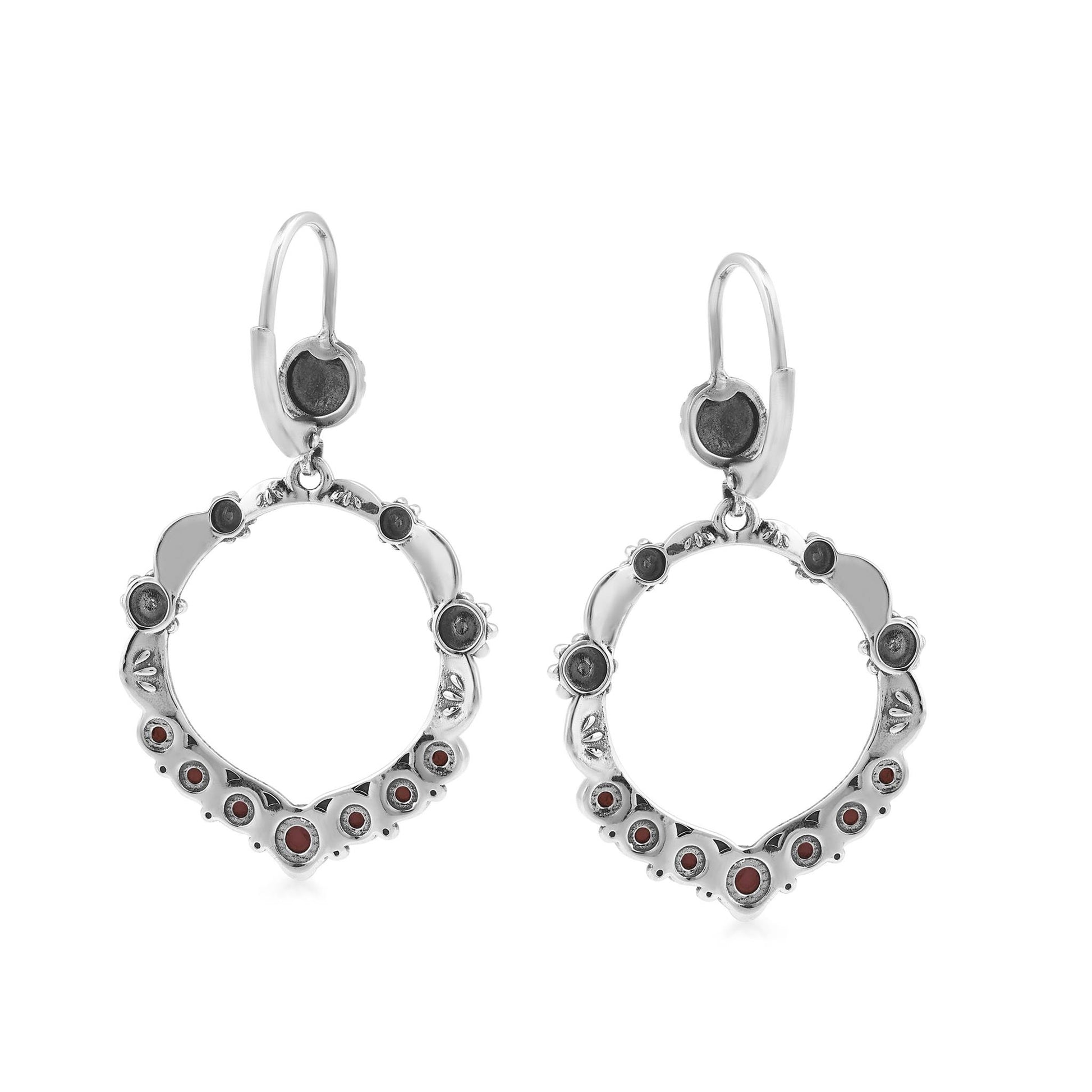 Sterling Silver Rhodonite Open Hoop Concha Lever Back Earrings
