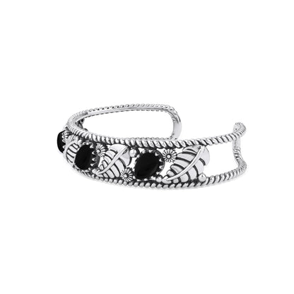  Sterling Silver Black Onyx Oval and Pear Leaf Cuff Bracelet