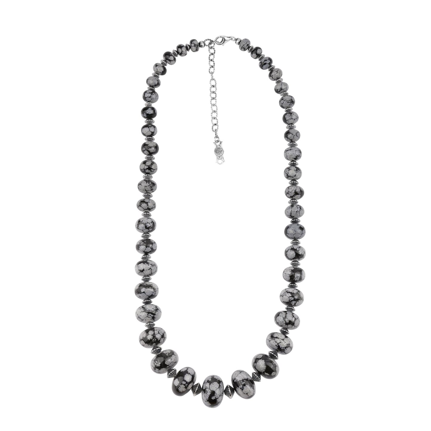 Sterling Silver Snowflake Obsidian Graduated Rondelle Bead Chunky Necklace