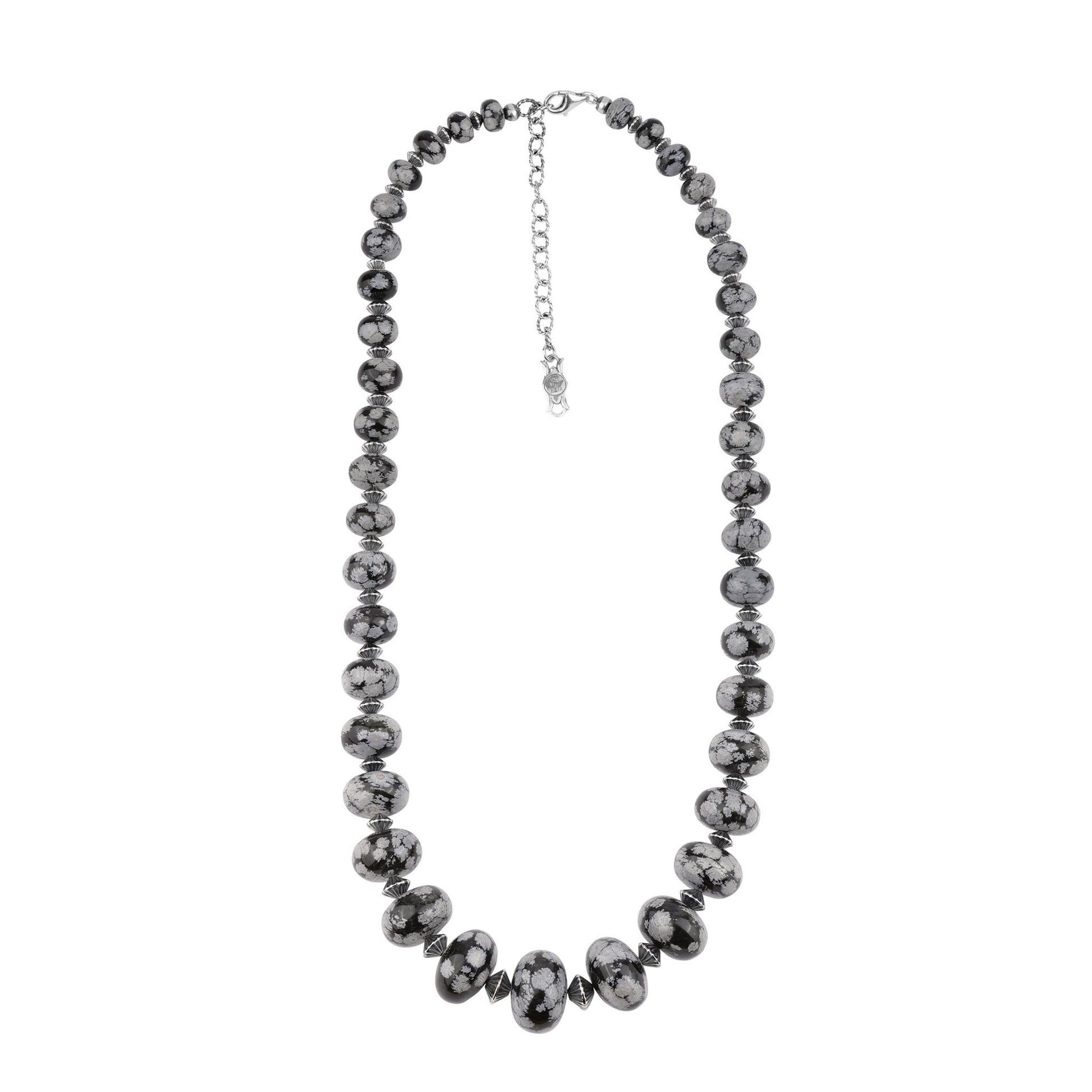 Sterling Silver Snowflake Obsidian Graduated Rondelle Bead Chunky Necklace
