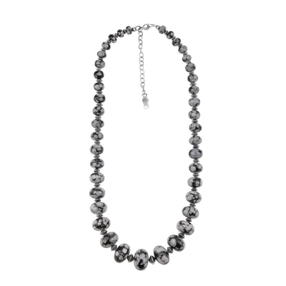 Sterling Silver Snowflake Obsidian Graduated Rondelle Bead Chunky Necklace