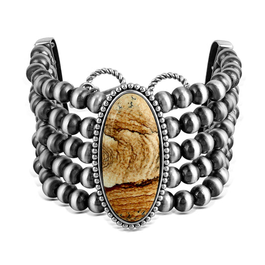 Sterling Silver Oval Picture Jasper Oval Cut Beaded Toggle Bracelet