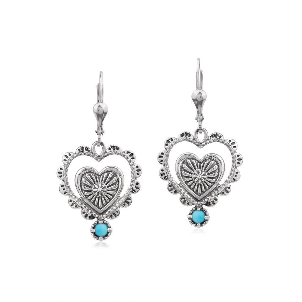 EXCLUSIVELY OURS! Sterling Silver Sleeping Beauty Turquoise Concha Heart Lever Back Earrings