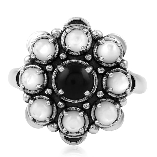 Sterling Silver Black Onyx and White Mother of Pearl Round Cut Flower Cluster Ring